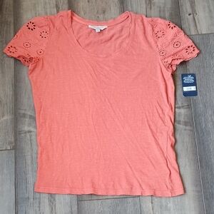 Lucky Brand Coral Short Sleeve Eyelet Top